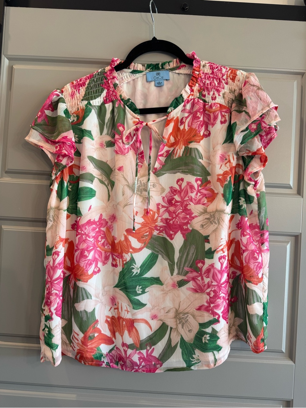 Cece Floral Tie-Front Blouse in Pink, Green & Orange